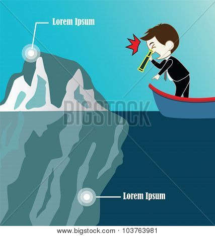 Businessman On Boat Look Iceberg By Binocular