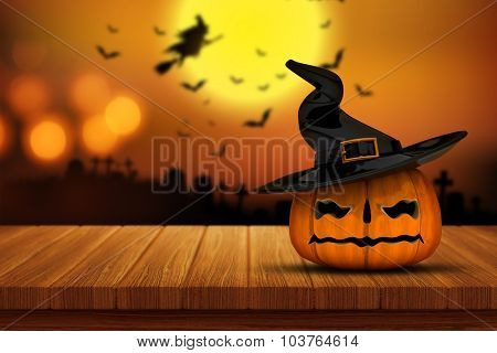 3D render of a Halloween pumpkin on a wooden table with a defocussed spooky graveyard image in the background