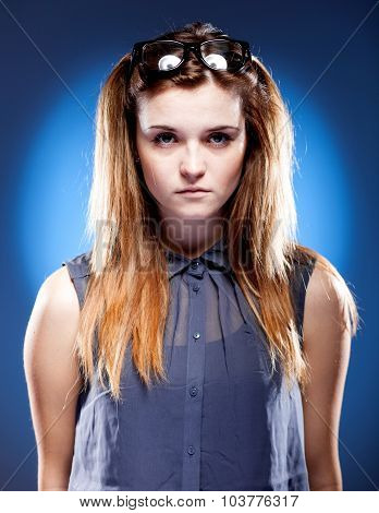 Young Woman With Nerd Glasses On Head, Innocent Look