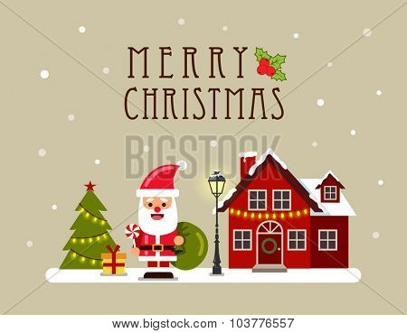 Christmas house and Santa. Greeting card, banner and poster. Vector illustration.