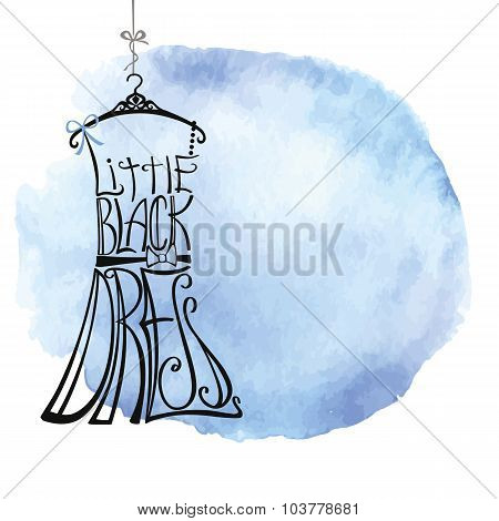 Woman  little black dress Silhouette from Words.Watercolor stain
