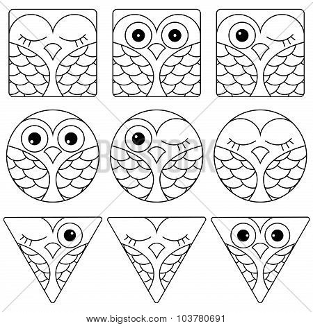 Nine Funny Owl Faces In Geometric Forms