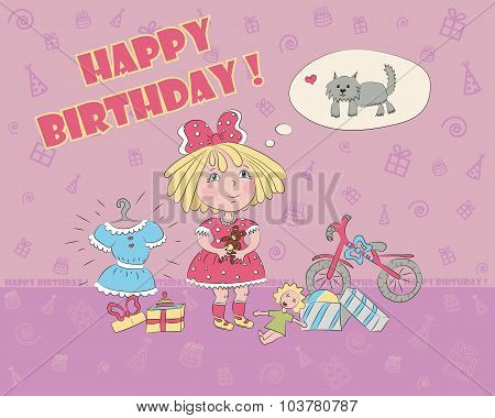 a little girl surrounded by toys dream about the dog birthday card, vector illustration