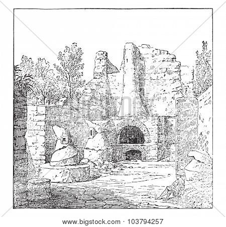Bakery in Pompeii, vintage engraved illustration.