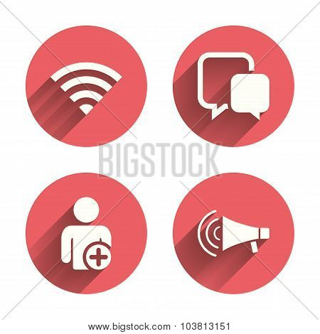 Wifi and chat bubbles. Add user, megaphone.