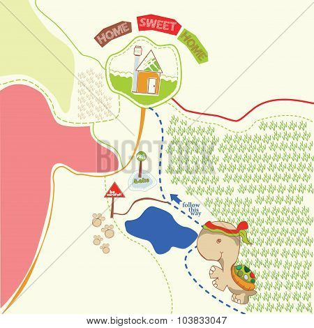 Follow Turtle Going Home with map illustration
