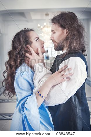 Beautiful Passionate Couple Woman And Man In Medieval Clothes
