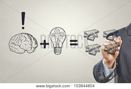 Close up of businessman drawing money making formula