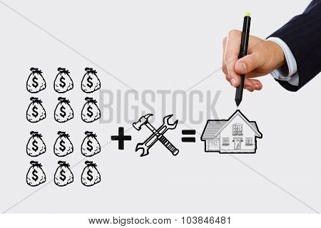 Close up of businessman drawing money making formula