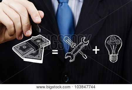 Close up of businessman drawing money making formula