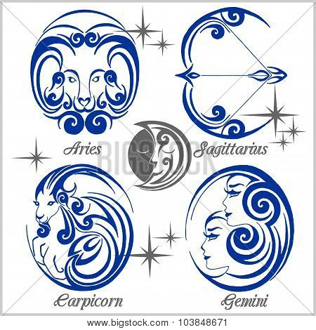 Zodiac signs and icons. Vector illustration.