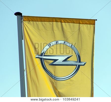 Opel Flag In Front Of A Opel Garage