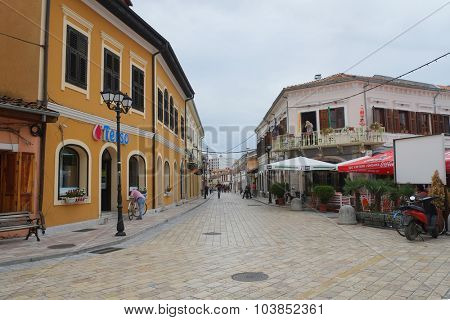 Shkoder, Albania, September, 27, 2015: The pedestrian street in the center of Shkoder - the city located at border with Montenegro