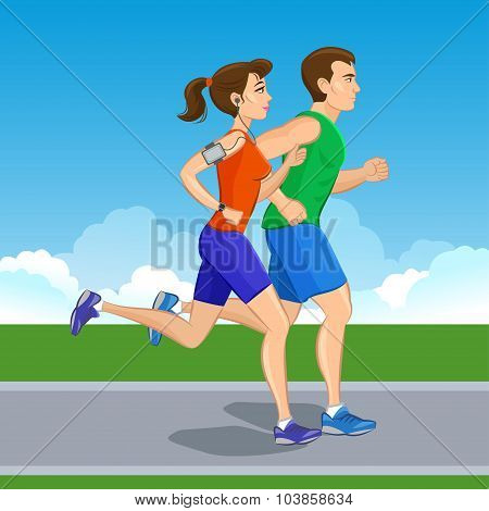 Illustration Of A Runners - Couple Running, Health Conscious Concept. Sporty Woman And Man Jogging.