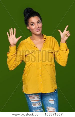 Woman showing seven fingers