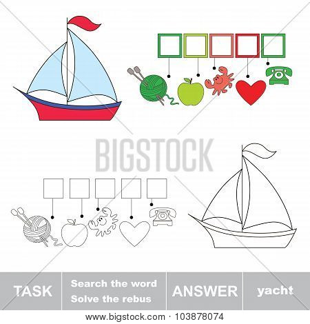 Vector game. Find hidden word yacht. Search the word.