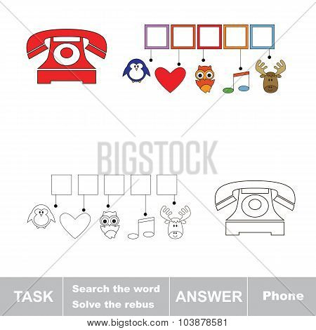 Vector game. Find hidden word telephone. Search the word.