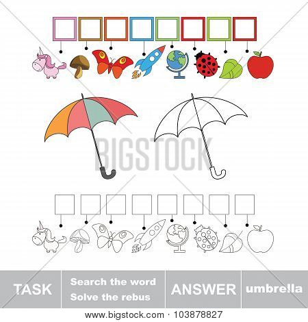 Vector game. Find hidden word umbrella. Search the word.