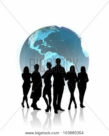 People silhouettes in front of the globe