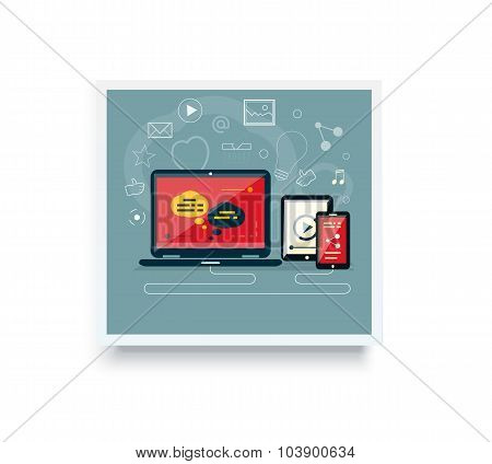 Analytics and programming vector. Web application optimization. Responsive pc. Cloud technology