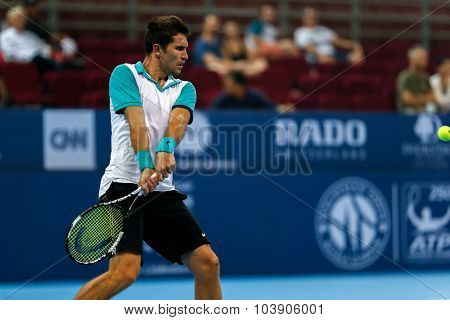 KUALA LUMPUR, MALAYSIA - SEPTEMBER 26, 2015: Mischa Zverev of Germany plays his qualifying match in the Malaysian Open 2015 Tennis tournament held at the Putra Stadium, Malaysia.