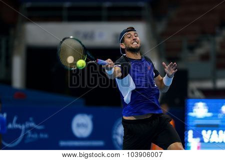 KUALA LUMPUR, MALAYSIA - SEPTEMBER 26, 2015: Luca Vanni of Italy plays his qualifying match in the Malaysian Open 2015 Tennis tournament held at the Putra Stadium, Malaysia.