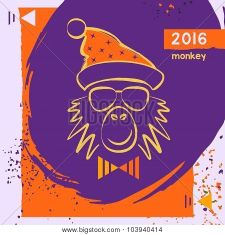 Hipster christmas red fire monkey. Hand drawn happy new year ill