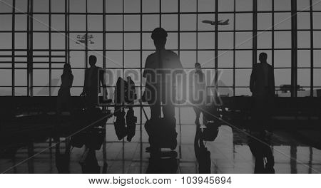 Back Lit Business People Traveling Airplane Airport Concept