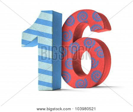 Colorful Paper Mache Number On A White Background  - Number 16