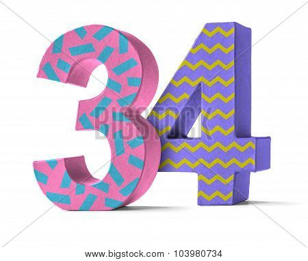 Colorful Paper Mache Number On A White Background  - Number 34