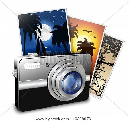 Compact Photo Camera And Photos. Vector Illustration