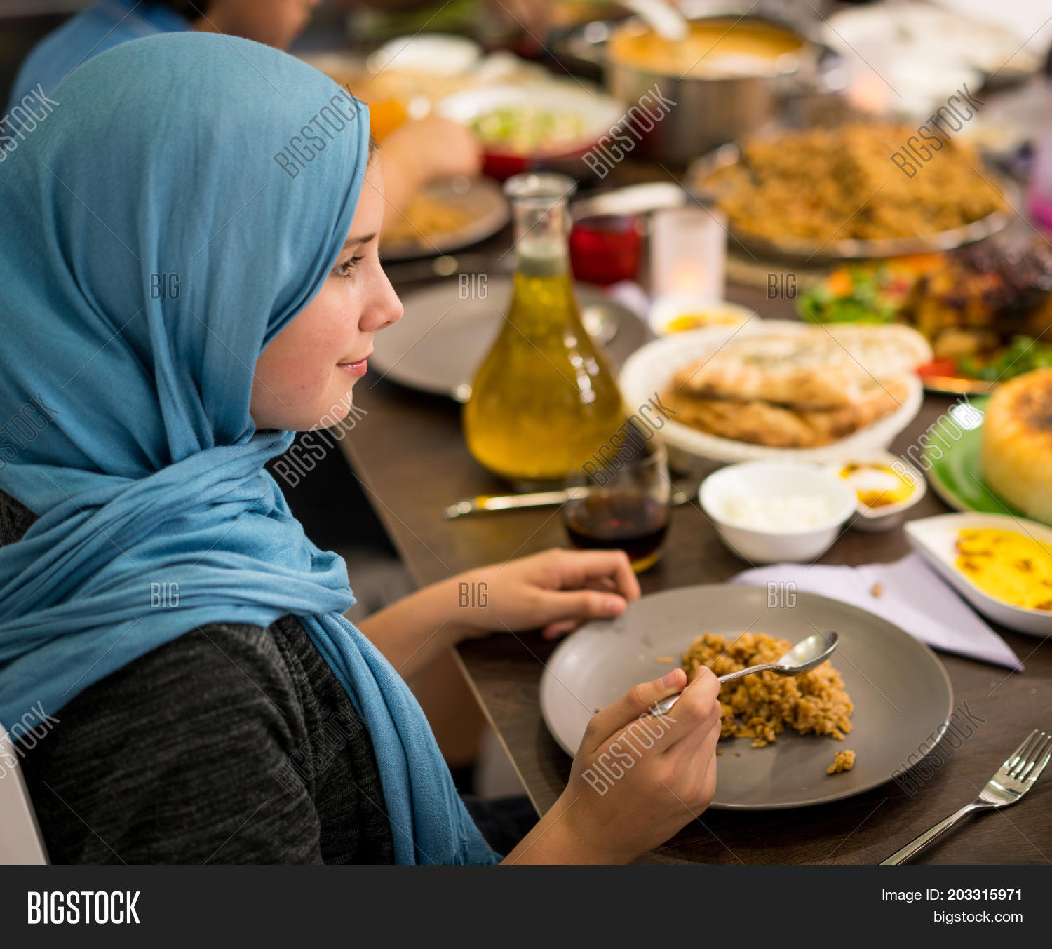 Muslim Having Dinner Home Her Image Photo Stock Muslim Having Dinner At Home With Her Family