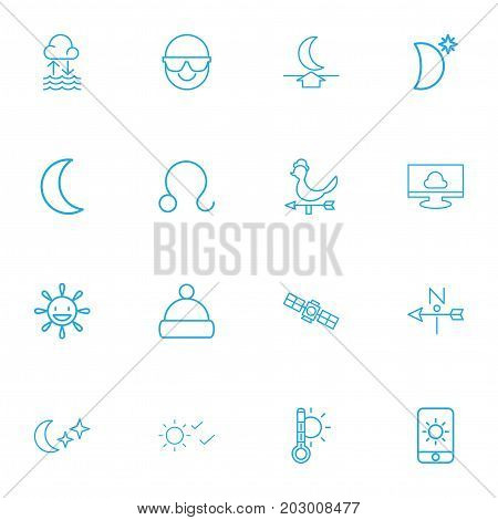 Set Of 16 Editable Air Outline Icons. Includes Symbols Such As Sputnik, Moon Up, Thermometer And More