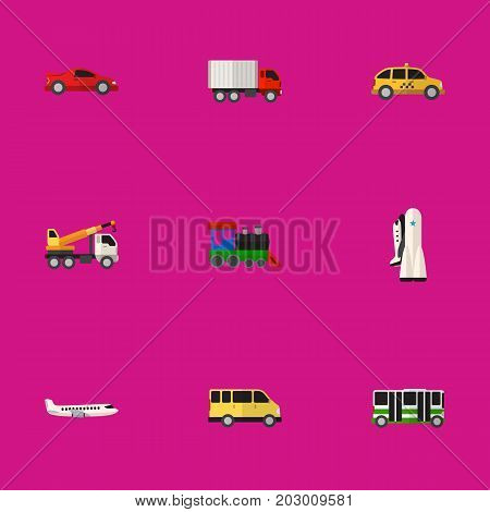 Set Of 9 Editable Car Flat Icons. Includes Symbols Such As Aircraft, Omnibus, Lorry And More