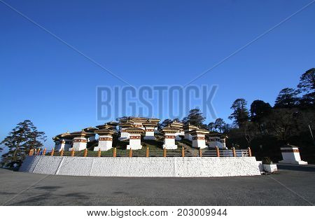 The 108 chortens (stupas) is the memorial in honour of the Bhutanese soldiers at Dochula Pass on the road from Thimphu to Punaka Bhutan