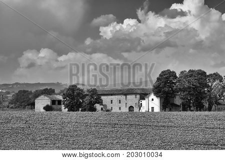 Country landscape at summer along the road from Fiorenzuola d'Arda to Castell'Arquato (Piacenza Emilia-Romagna Italy). Old farm house. Black and white