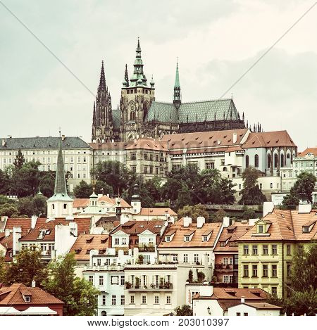 Beautiful castle in Prague Czech republic. Travel destination. Cultural heritage. Beautiful place. Yellow photo filter.