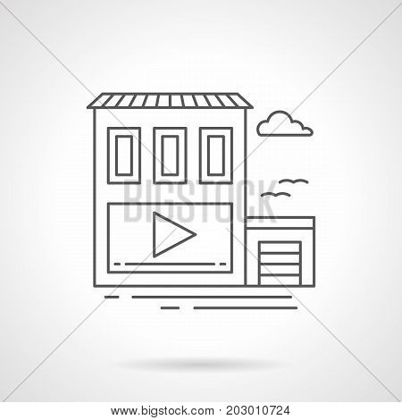 Symbol of video advertising on buildings of shopping mall or store. Outdoor advertisement elements, marketing concept. Flat black line vector icon.