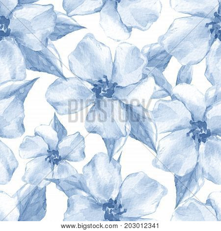 Blue floral seamless pattern. Watercolor background with delicate flowers