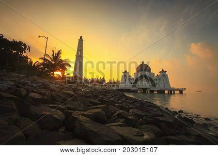 Majestic View Of Malacca Straits Mosque During Sunset