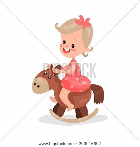 Sweet little girl playing rocking horse cartoon vector Illustration on a white background