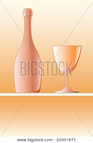 vector figure of a bottle with a glass for wine on a shelf of bar