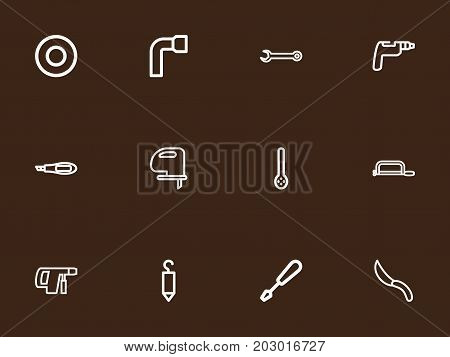 Set Of 12 Editable Tools Outline Icons. Includes Symbols Such As Hook, Spacer, Kitchen Spoon And More