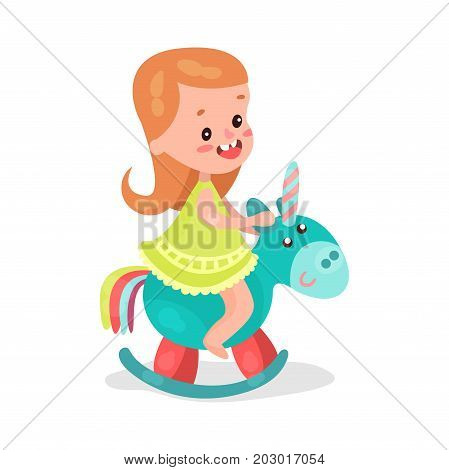 Sweet little redhead girl playing blue rocking horse cartoon vector Illustration on a white background
