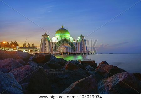 Majestic View Of Malacca Straits Mosque During Sunset