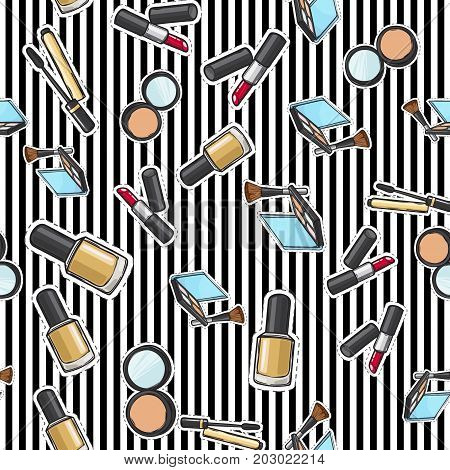 Makeup products set seamless pattern. Cosmetics. Nail polish. Face powder in round back case with mirror. Eyeshadows palette. Face Brush. Red lipstick. Striped background. Endless texture. Vector