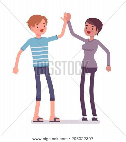 Young man and woman giving high five. People meeting at a party, participate in social activities. Friendship and life concept. Vector flat style cartoon illustration, isolated, white background
