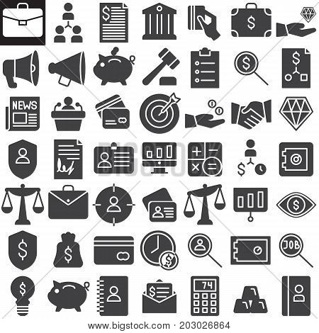 Business finance vector icons set, modern solid symbol collection, filled pictogram pack. Signs, logo illustration. Set includes icons as redit card, scales, presentation, agreement, business card