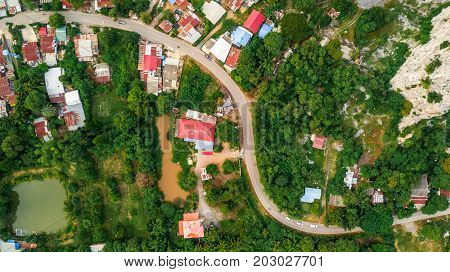 Aerial View Curve road pass in village Countryside