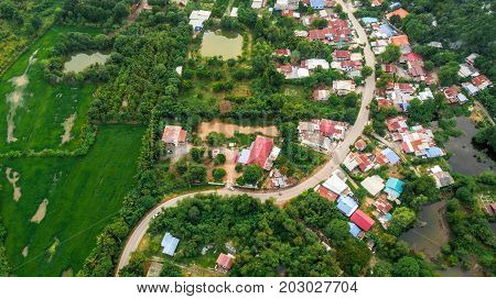 Aerial View Curve road pass in village Countryside